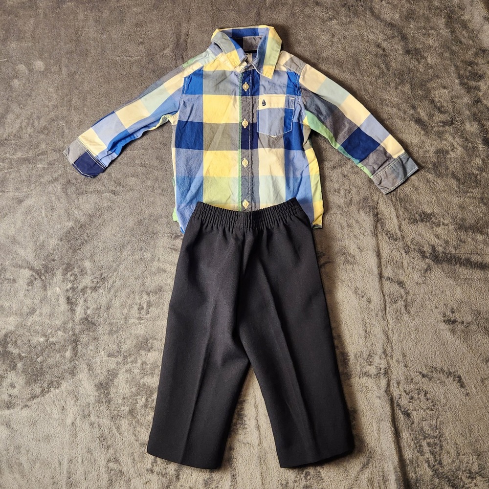 Carters Plaid Button Down Shirt and George Black Dress Pants Set 12M Blue Yellow